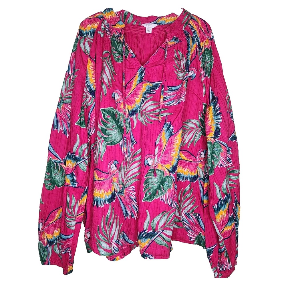 Crown & Ivy Top XXL Pink Tropical Bird Long Sleeve V-Neck Tassel Swiss Dot‎
